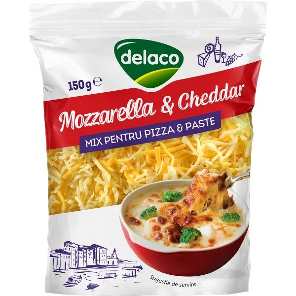 MIX MOZZARELLA ȘI CHEDDAR RĂZUIT DELACO, 150G